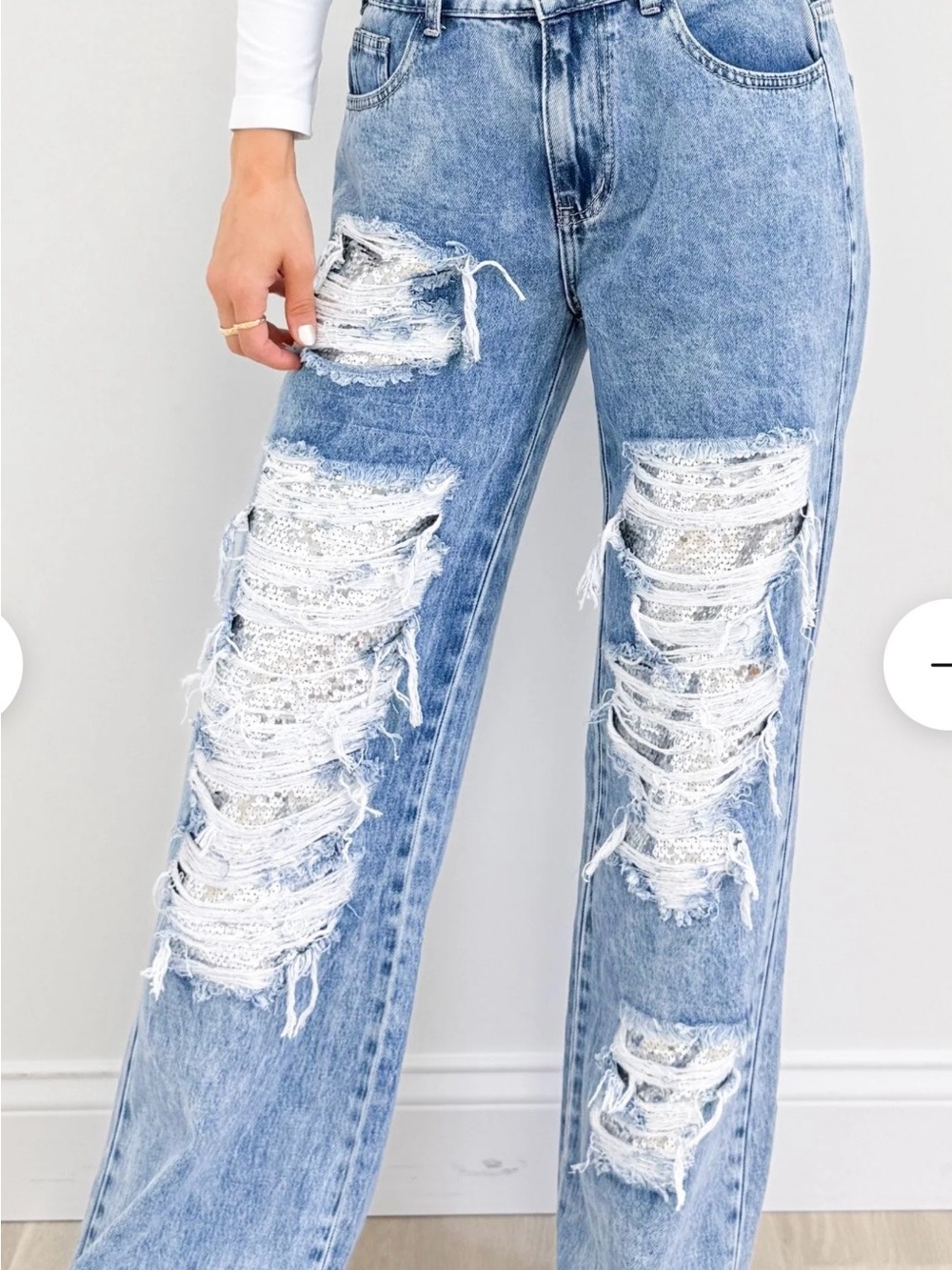 Light Blue Distressed Wide-Leg Jeans with Sequin Panels